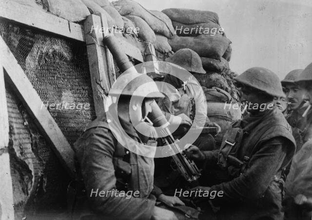 Machine gun in front line trench, between c1915 and c1920. Creator: Bain News Service.
