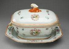 Covered Tureen and Stand with the Arms of French Impaling Sutton, China, c. 1765. Creator: Jingdezhen Porcelain.