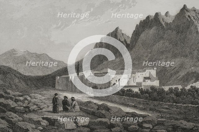Saint Catherine's Monastery, at the foot of Mount Sinai, 1840. Creator: Charles Nicolas Ransonnette.