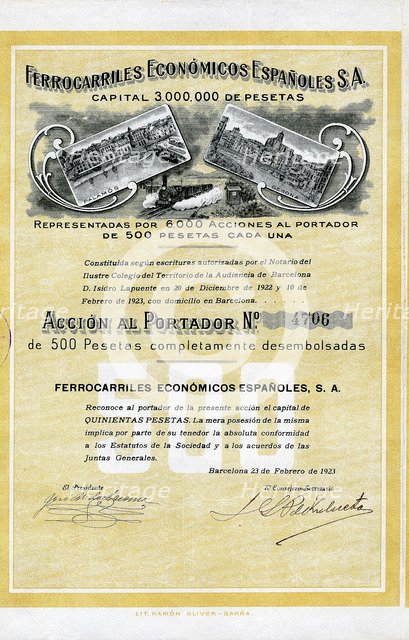 500 pesetas share from the Ferrocarriles Económicos Españoles, S.A., from Girona to Palamos, Barc…