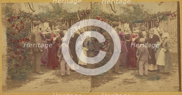 Group of people playing a game in the garden, one woman is blindfolded, about 1865. Creator: Unknown.