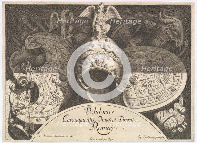 Divers Trophées (Weapon Trophies after the Façade of Palazzo Milesi in Rome), 1651. Creators: Polidoro da Caravaggio, Rene Lochon.