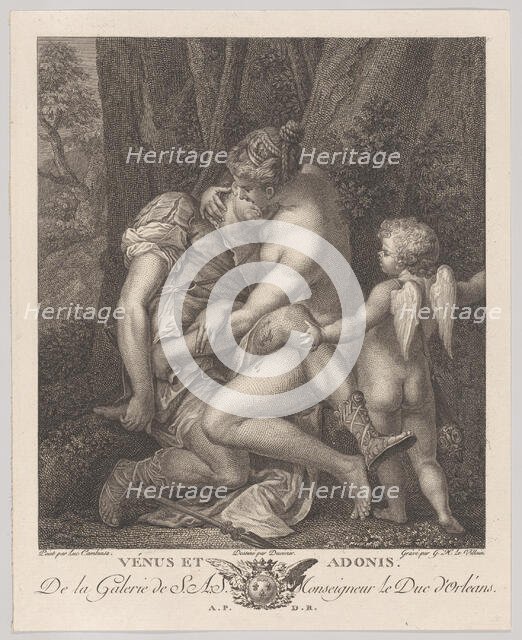 Venus mourning Adonis, seated beneath a tree and embracing him, with Cupid at right, c..., ca. 1786. Creators: Gérard René Le Vilain, Bernard Duvivier.