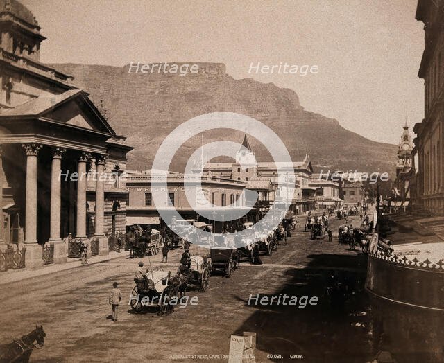 Cape Town, South Africa: horses and carriages on Adderley Street, with Table Mountain..., 1896. Creator: George Washington Wilson.