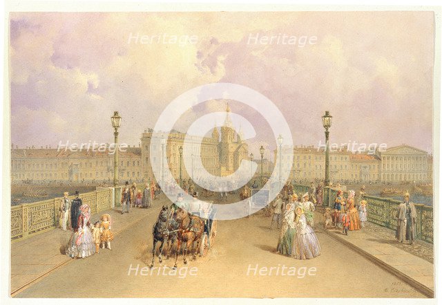 View of the Blagoveshchensky Bridge in Saint Petersburg, 1851. Artist: Sadovnikov, Vasily Semyonovich (1800-1879)