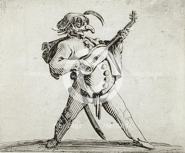 A Mashed Actor Playing the Guitar, 1616. Creator: Jacques Callot.