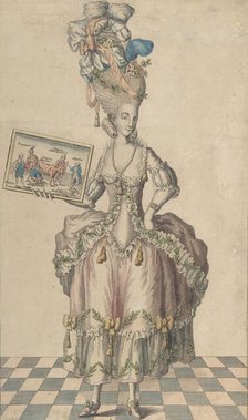 Robe à la Circassienne Garnie à la Chartres: la Coëffure de meme, Avec le Tableau des Eve..., 1770s. Creator: Anon.