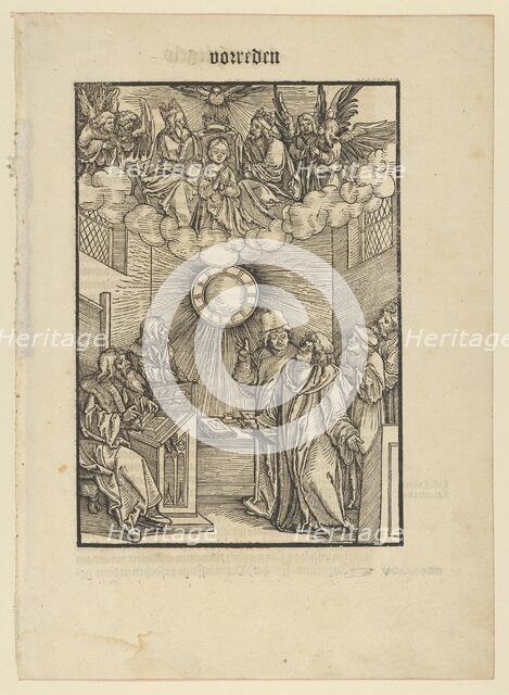 The Author Writing the Layenspiegel; The Trinity and the Virgin at the Upper Center, from ..., 1511. Creator: Hans Schäufelein the Elder.
