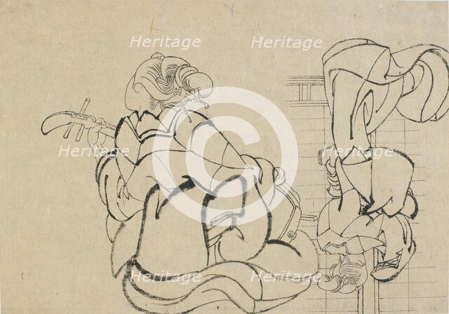 Two sketches: lady playing samisen and lady with back to observer..., late 18th-early 19th century. Creator: Hokusai.