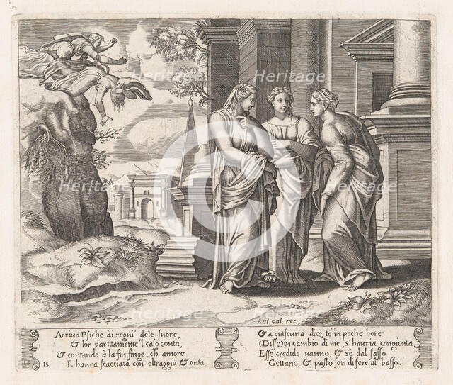 Plate 15: Psyche telling her sisters about her misfortunes, with her sisters falling of..., 1530-60. Creator: Master of the Die.