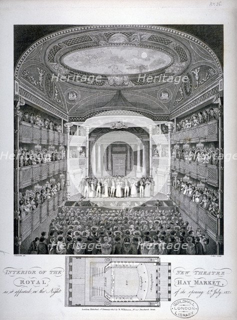 Interior view of the Haymarket Theatre, London, on its opening night in 1821 (1823).                 Artist: James Stow