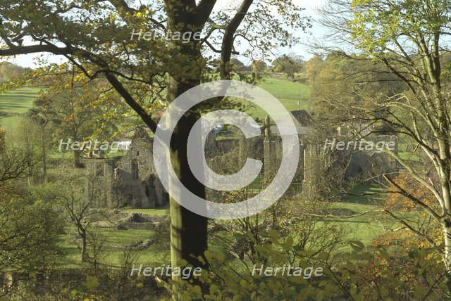 Finchale Priory, Durham, from the wooded bank of the River Wear, 1999. Artist: J Bailey