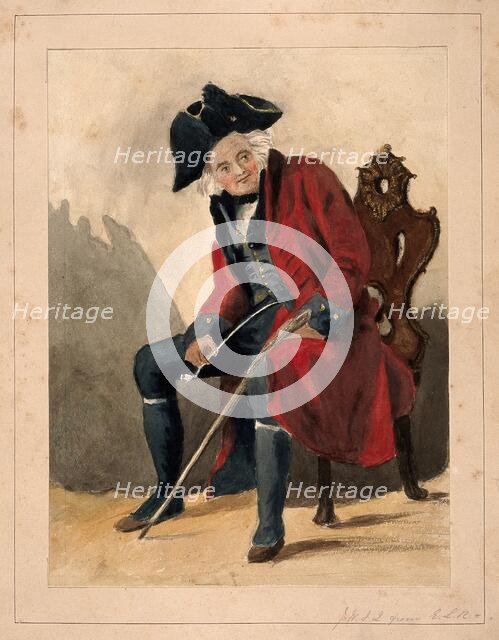 A Chelsea Pensioner, seated, wearing a red coat and tricorn hat, holding a pipe and a stick, 1750. Creator: Unknown.