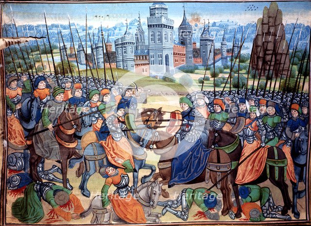 Battle of the Crusaders and pagan troops near the city of Aleppo. Miniature in the 'Récueil des h…