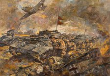 British soldiers and tanks advancing, between 1939 and 1946. Creators: Central Office of Information, Unknown.