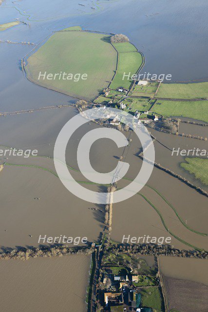Aerial view of flooding around Muchelney Abbey, Somerset Levels, January, 2014. Artist: Damian Grady.