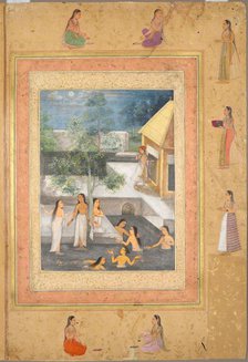 Page from the Late Shah Jahan Album: Harem Night-Bathing Scene, c. 1653. Creator: Unknown.