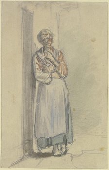 A woman stands with her right shoulder against the front door, her left hand reaching..., c1840s. Creator: Jakob Dielmann.