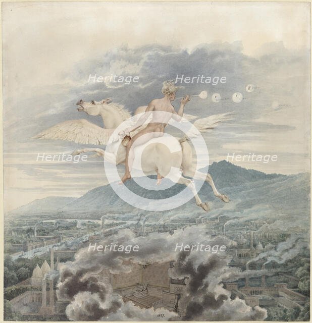 Female figure (blowing bubbles), as allegory of Christian Peter Wilhelm Beuth, riding Pega..., 1837. Creator: Schinkel; Karl Friedrich (1781-1841).