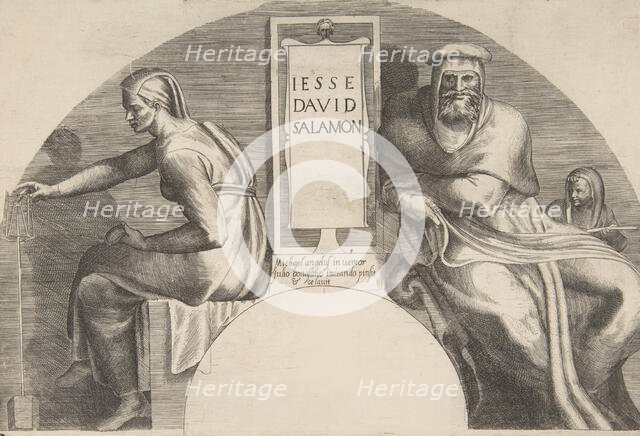 The ancestors of Christ flanking an inscribed tablet, an arched top composition, 1531-76. Creator: Giulio Bonasone.