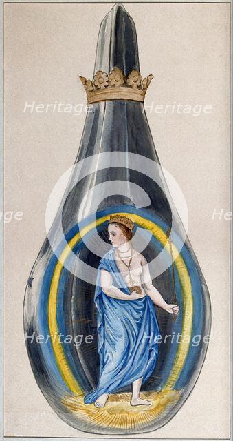 A queen dressed in blue, representing mercury, in a crowned alchemical flask, 1900-1909. Creator: Edith Annie Ibbs.