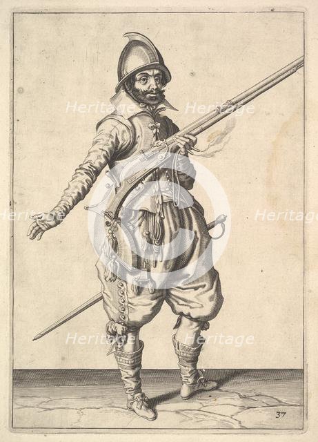 A soldier on guard freeing his right hand, from the Marksmen series, plate 37, in Wapenhandeli.... Creator: Unknown.