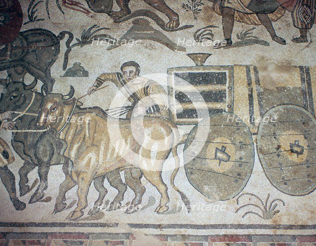 Roman mosaic of a bullock cart, 3rd century. Artist: Unknown