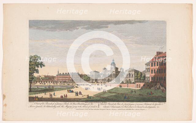 View of the Horse Guards Parade in London showing the departure of George II Augustus, King.... 1753 Creator: Thomas Bowles.