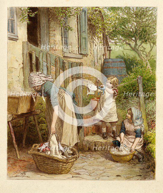 Mother and Children hanging out the Washing, pub. 1854. Creator: Robert Barnes (1840 - 1895).