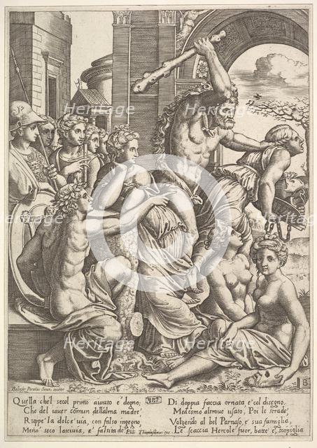 Envy or Avarice at the right being driven from the temple of the Muses by Hercules who ..., 1530-60. Creator: Master of the Die.