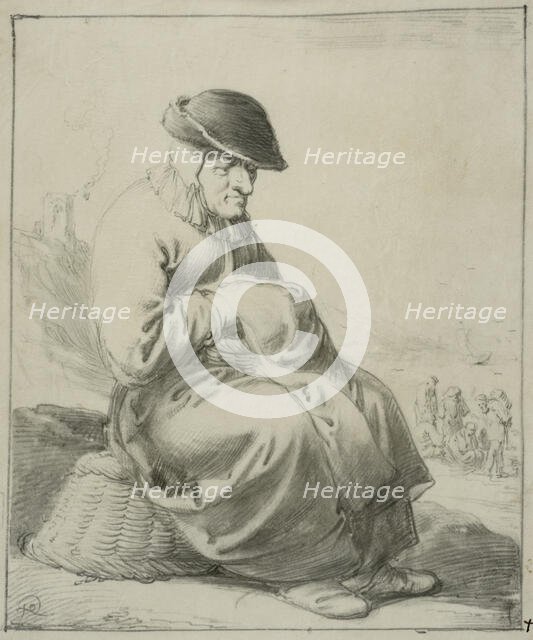 Elderly woman sitting on an upside down basket, 1630s. Creator: Pieter Jansz. Quast.