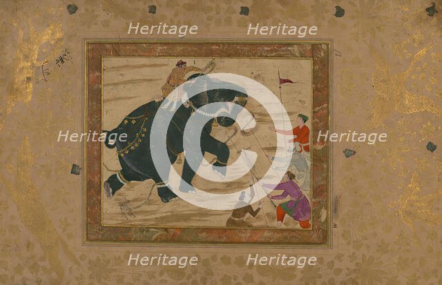 Single Leaf of an Elephant with Mahout Attacking Four Men, late 10th century AH/AD 16th century. Creator: Unknown.