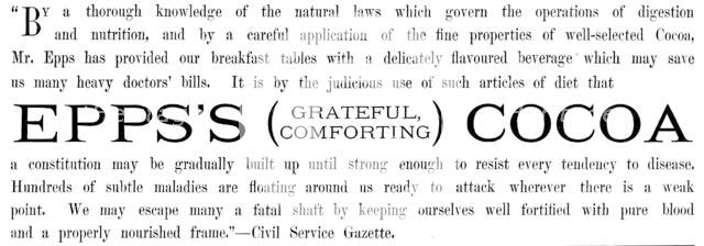 Advertisement for Epps’s (Grateful, Comforting) Cocoa, 1890. Creator: Unknown.