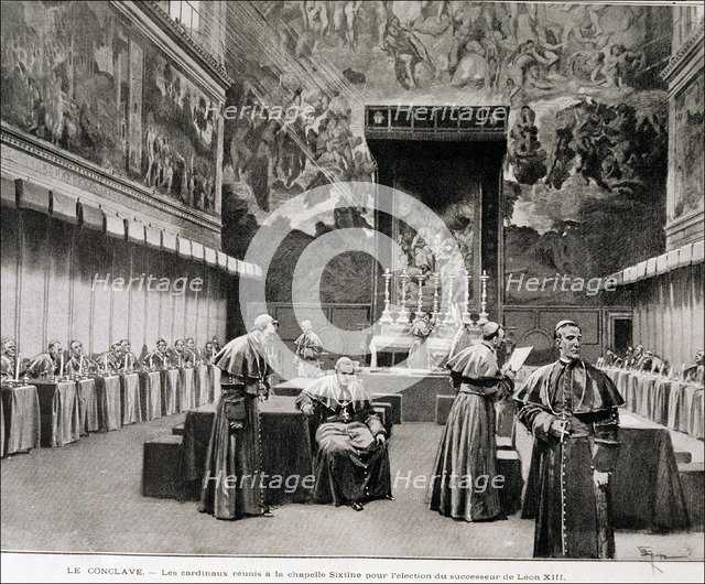 Conclave in the Sistine Chapel to choose a successor to Leon XIII, engraving in the 'Ilustración …
