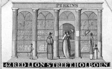 Shop front of Perkins ladies' shoe shop at 47 Red Lion Street, Holborn, London, c1820.    Artist: Anon