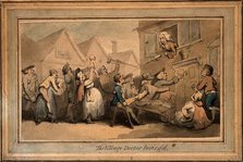 A long queue (line) of angry patients agitating outside the house of a doctor (surgeon..., ([1800?). Creator: Thomas Rowlandson.