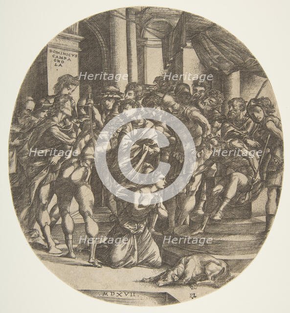 Female figure (Saint Catherine?) kneeling on the ground at center pleading to a male figur..., 1517. Creator: Domenico Campagnola.