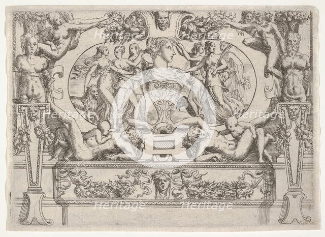 Bust of a woman flanked by three women on each side, set within an elaborate frame, ca. 1540-80. Creator: Battista del Moro.