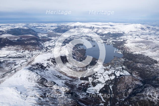 Derwent Water and a snowy capped Maiden Moor, Lake District National Park, Cumbria, 2018. Creator: Emma Trevarthen.