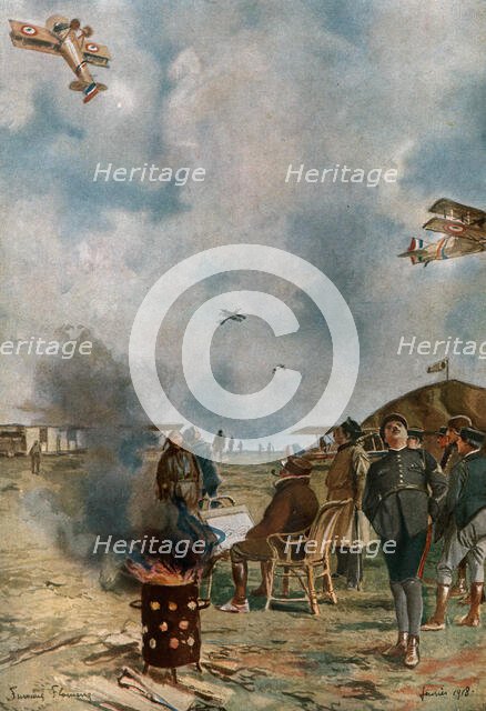 ''Notre Aviation de Guerre; Au "centre de perfectionnement"; un renversement un peu..., 1918. Creator: Francois Flameng.