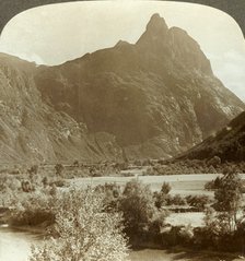 'Sharp pinnacles of Romdalshorn crowning  mountain wall above Rauma river, Norway', c1905. Creator: Unknown.