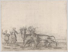 Procession, with two figures and two lions, 16th century., 16th century. Creator: Anon.