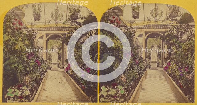 Greenhouse with sculpture at entrance, about 1865. Creator: Unknown.