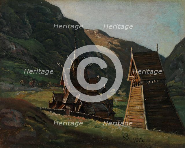 Borgund Stave Church in Laerdal, 1833. Creator: Knud Baade.