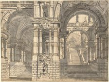 Fantasy of Magnificent Courtyards and Loggie with a Monumental Staircase, early 1770s. Creator: Pietro Gonzaga.