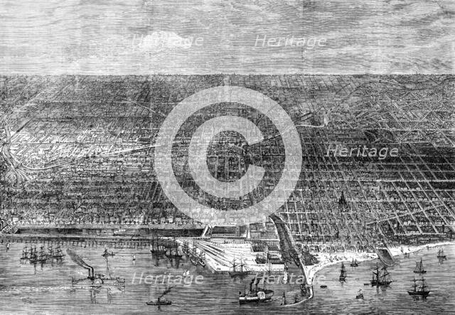 The Great Fire at Chicago: bird's-eye view of the city, 1871. Creator: Unknown.