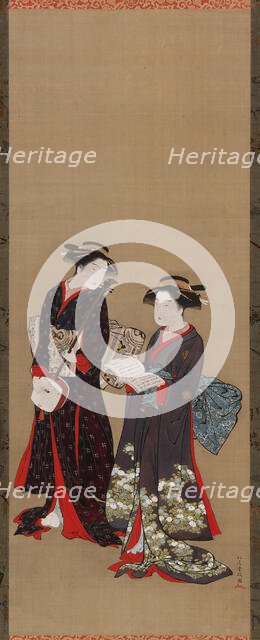 Two girls standing, one holding an open book, 1615-1868. Creator: Kitao Shigemasa.