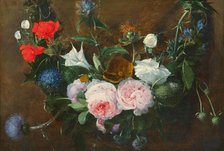 Flower garland with roses and thistles, 17th century. Creator: Hecke, Jan van den (1620-1684).