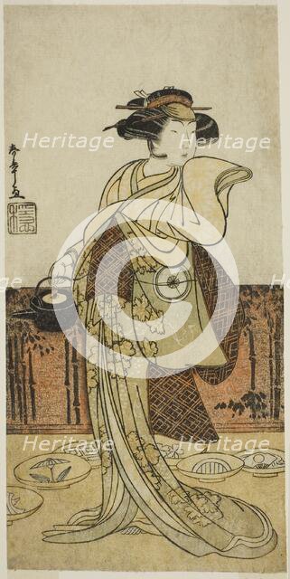 The Actor Iwai Hanshiro IV as Tsukisayo in the Play Gohiiki Nenne Soga, Performed..., c. 1779. Creator: Shunsho.