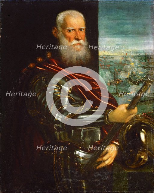 Sebastiano Venier (1496-1578), with the Battle of Lepanto in background.